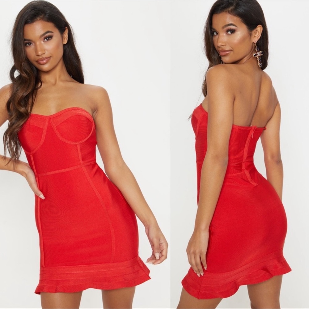 Red Bandage Frill Hem Bodycon Dress - Pretty Little Thing